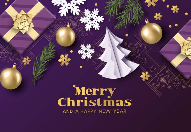 Festive Christmas Purple And Gold Background Merry christmas layout composition with purple and gold colours, christmas decorations and fir branches. Vector illustration purple stock illustrations