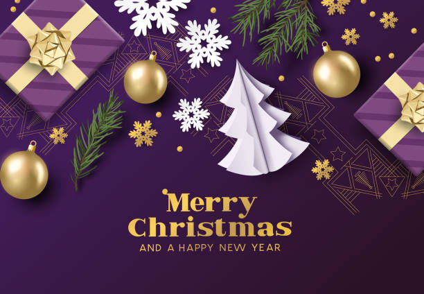 Festive Christmas Purple And Gold Background Merry christmas layout composition with purple and gold colours, christmas decorations and fir branches. Vector illustration holiday shopping stock illustrations