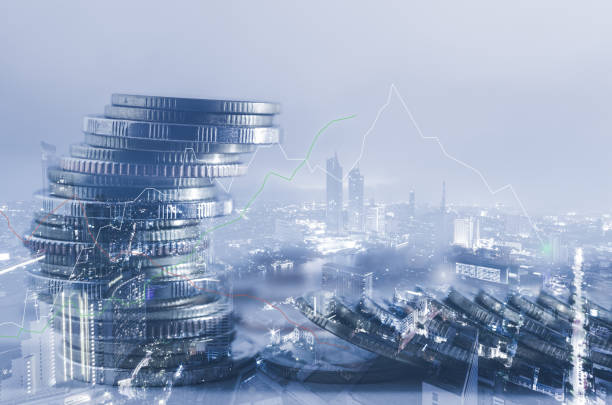 double exposure of city with row of coin stack with growth stock chart and graph progress report for business investment finance banking and money saving concept. double exposure of city with row of coin stack with growth stock chart and graph progress report for business investment finance banking and money saving concept. trader wall street stock market analyzing stock pictures, royalty-free photos & images