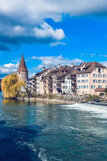 Reuss River Small Dam In Bremgarten, Switzerland