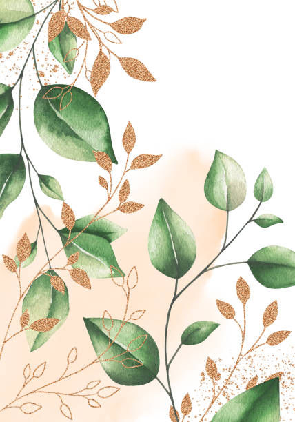 istock Watercolor floral frame card with gold elements. Hand draw painted border with branches, leaves isolated on white background. Trendy template 1286526803