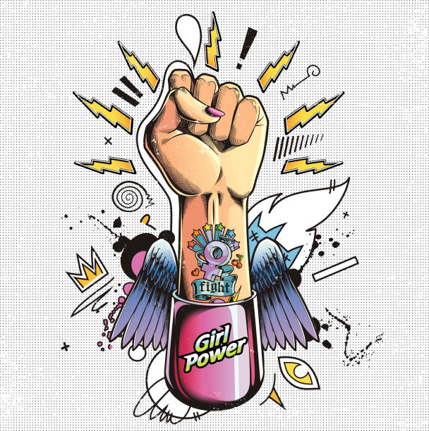 Girl power fist. Raised Hand Raised female hand in pop art, grunge style, removable tattoo overlay. eps9 girl power stock illustrations