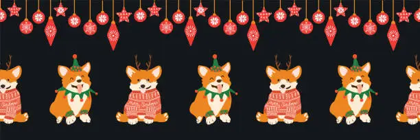 Vector illustration of Seamless print with cute corgi.