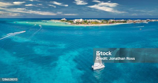 Boat At Sea Near Mexico Coast Stock Photo - Download Image Now - Cozumel, Playa Del Carmen, Aerial View