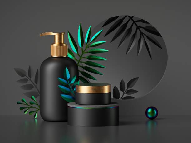 istock 3d rendering, realistic cosmetics banner with black bottles and golden caps, abstract paper tropical palm leaves. Dispenser and cream jar. Beauty products advertisement. Commercial poster template 1286529084