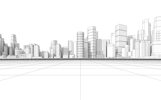 3d rendering of abstract wireframe cityscape with white background.