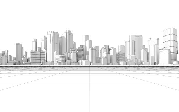 Empty grid floor for the development project. 3d rendering of abstract wireframe cityscape with white background. white buildings stock pictures, royalty-free photos & images