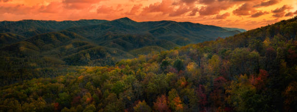 연기가 자욱한 산 국립공원의 가을 - great smoky mountains great smoky mountains national park panoramic sunrise 뉴스 사진 이미지