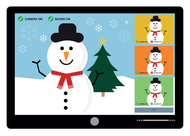 illustrazioni stock, clip art, cartoni animati e icone di tendenza di videoconferenza pupazzo di neve - christmas winter non urban scene snow