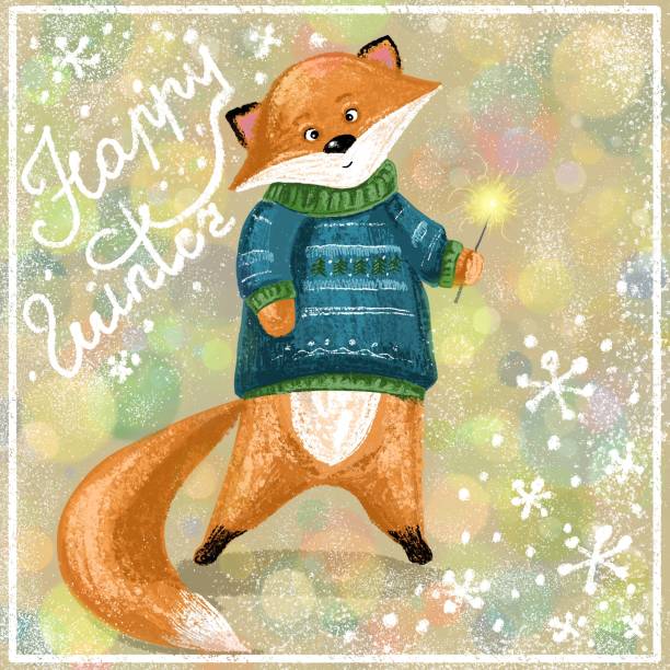 bildbanksillustrationer, clip art samt tecknat material och ikoner med söt rödräv i en vintertröja med en sparkler i händerna på en festlig bakgrund - red fox snow