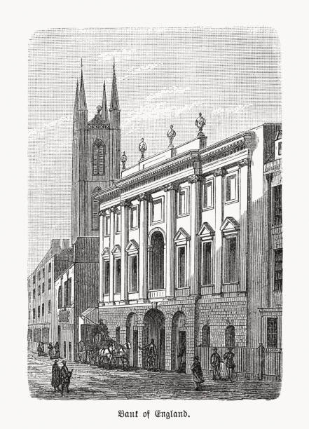 bank of england, threadneedle street, londra, ahşap gravür, 1893 yayınlandı - bank of england stock illustrations