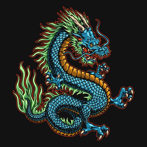 Angry japanese dragon colorful concept Angry japanese dragon colorful concept in vintage style on dark background isolated vector illustration dragon tattoos stock illustrations