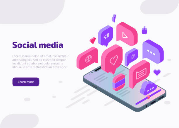 Social media marketing icons Social media marketing isometric web banner, landing page template. Influencer concept with like, chat, video, music, heart, cloud, internet icons from smartphone screen. 3d vector illustration. like button illustrations stock illustrations