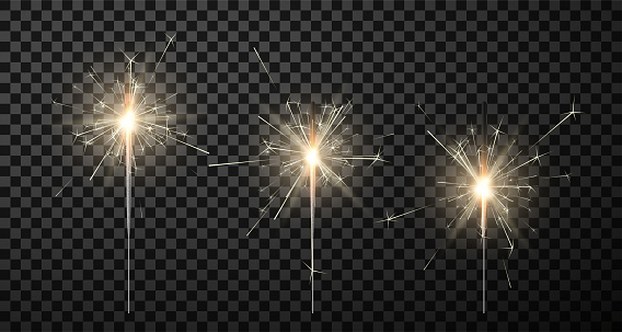 Sparklers with sticks of different lengths realistic set. Bengal festive lights collection. Blue holiday flare. Christmas magic decoration. Vector illustration isolated on transparent background.