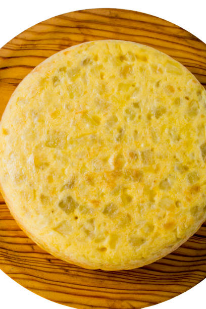 istock Tasty spanish omelette on a wooden tray on white background 1286540431