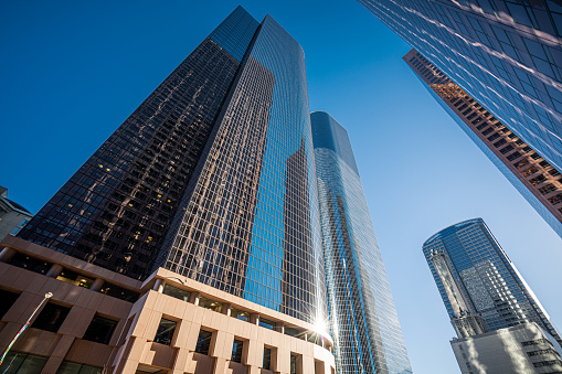 Low angle view of modern skyscrapers in Los Angeles.