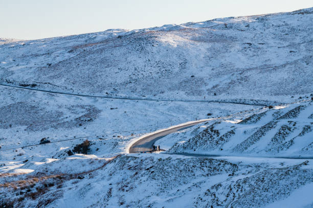 istock Winding road through a snowy landscape 1286543176