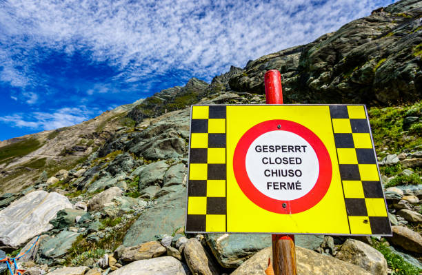 closed sign at the european alps - translation: closed in four languages