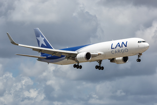 Miami, Florida - April 7, 2019: LAN Cargo Boeing 767-300F airplane at Miami Airport in Florida. Boeing is an American aircraft manufacturer headquartered in Chicago.