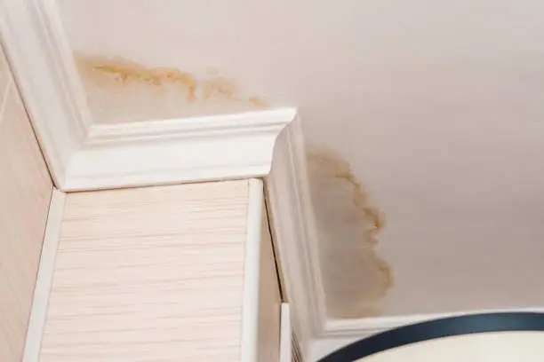 Neighbors have a water leak, water-damaged ceiling, close-up of a stain on the ceiling.