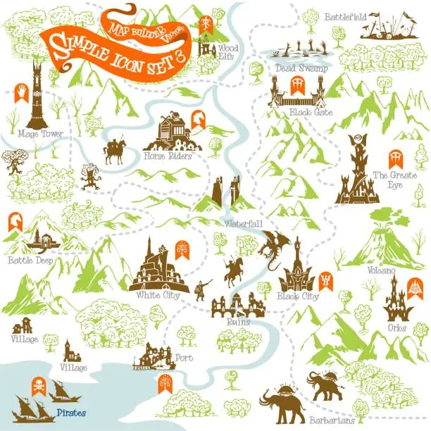 Vector illustration of Fantasy Adventure map builder with simple icon elements in vector illustration format 3