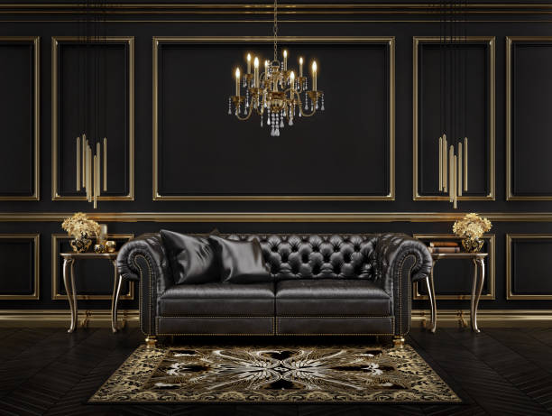 istock Classic black and gold interior with black leather sofa,chandelier,mouldings.3d rendering 1286550262
