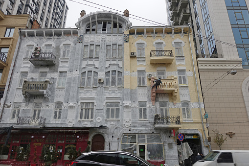 Kiev, Ukraine, November 15, 2020 Restoration of the old tenement house of Septer 1910 in Kiev