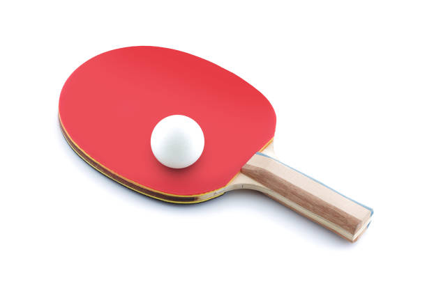 istock Ping pong ball resting on a table tennis bat paddle on white 1286553419