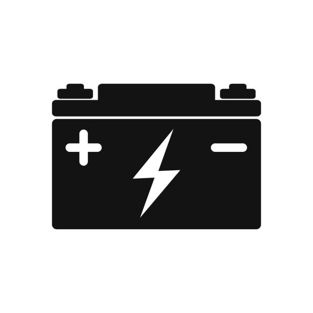 prosta czarna ikona sieci z baterią samochodową z symbolem błyskawicy, płaska konstrukcja - computer key flash stock illustrations