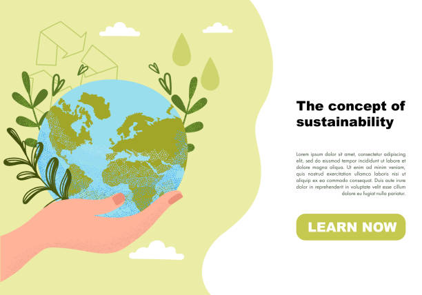 Concept of ecological sustainability Concept of ecological sustainability, environmental protection, eco recycling. Slide or landing page layout, website or web page template, poster, banner with text. Flat vector illustration sustainability corporate stock illustrations