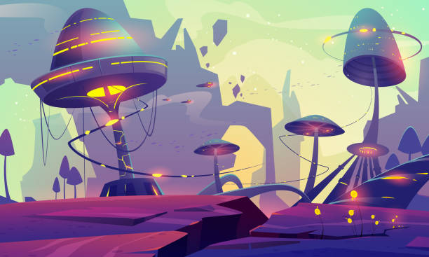Alien planet landscape with fantasy mushroom trees Alien planet landscape with fantasy mushrooms trees or buildings and rocks. Magical unusual nature for computer game, fairy tale background with beautiful strange plants, Cartoon vector illustration space invaders game stock illustrations