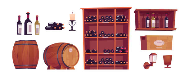 butelki wina i beczki w piwnicy winiarni - wine cellar wine rack rack stock illustrations