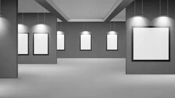 Vector illustration of Empty gallery with blank picture frames