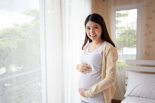 Young beautiful pregnant woman standing and touching belly near the window in room. Pregnancy, motherhood, people and expectation concept.
