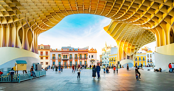 Seville, Spain - 1 March 2020: Metropol Parasol or Seville Mushrooms (Las Setas de Sevilla) amazing view