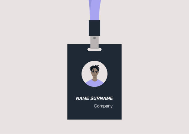 id 배지 템플릿, 컨퍼런스 액세서리, 현대 기업 문화, 젊은 남성 흑인 캐릭터의 초상화 - name tag id card badge identity stock illustrations