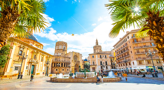 Valencia, Spain - 4 March, 2020: Panoramic view of Plaza de la Virgen (Square of Virgin Saint Mary) and old town