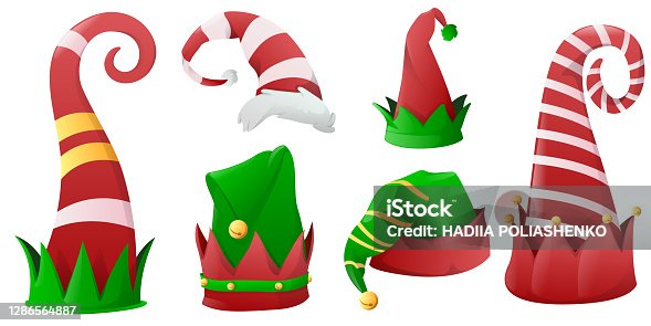 istock Collection of Christmas hats for elves, Santa Claus helpers. Christmas holiday hat green and red colours, decoration christmas costume. Vector illustration 1286564887