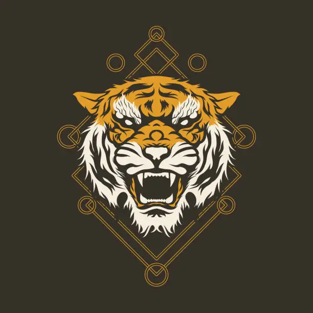 Vector illustration of Geometric Gold And Grey Angry Tiger Head Mascot Tattoo T-shirt Design Vector Illustration