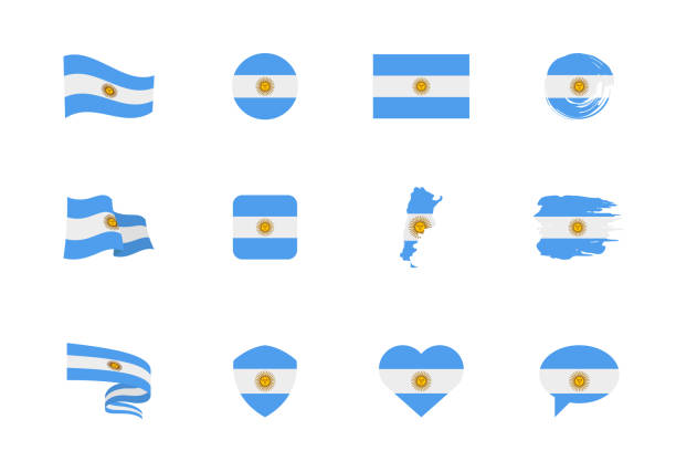 아르헨티나의 국기 - 플랫 컬렉션. 다른 모양의 열두 평면 아이콘의 깃발. - argentina stock illustrations