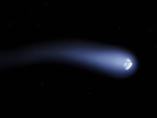 Comet tail, glowing comet flies in space against the background of stars