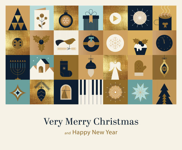 ilustraciones, imágenes clip art, dibujos animados e iconos de stock de happy holidays saludos de temporada - art deco illustrations