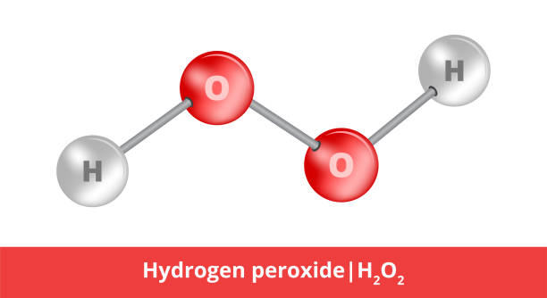 Vector ball-and-stick model of chemical substance. Icon of hydrogen peroxide molecule H2O2 consisting of hydrogen and oxygen. Structural formula suitable for education isolated on a white background. Illustration of the structural formula of hydrogen peroxide H2O2. It has strong oxidizing but also reducing properties and is often used as a disinfectant. Its bleaching effects are also often used in bleaching hair – blonde hair. Hydrogen and oxygen compound. The icon of this fluiid, which is suitable for education or science is isolated on a white background. hydrogen peroxide stock illustrations