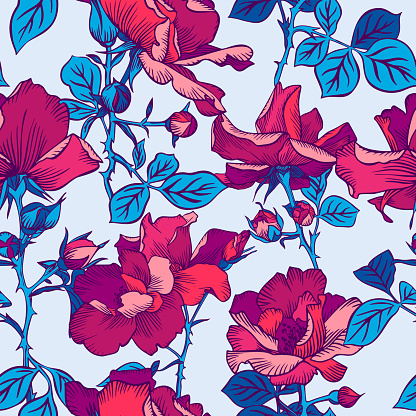Seamless pattern with blooming large red roses petals buds and leaves. Artistic summer floral background. Beautiful botanical ornament. Line drawing, Vintage style.