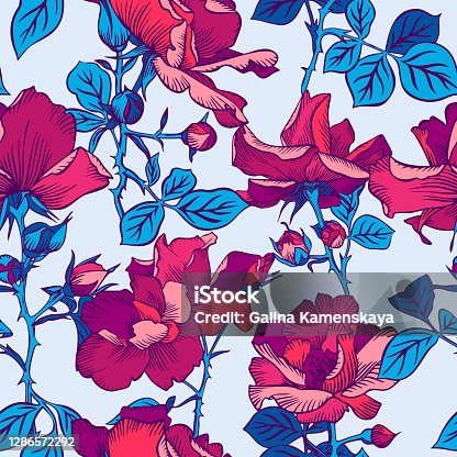 istock Seamless pattern with blooming large red roses petals buds and leaves. Artistic summer floral background. Beautiful botanical ornament. Line drawing, Vintage style. 1286572292