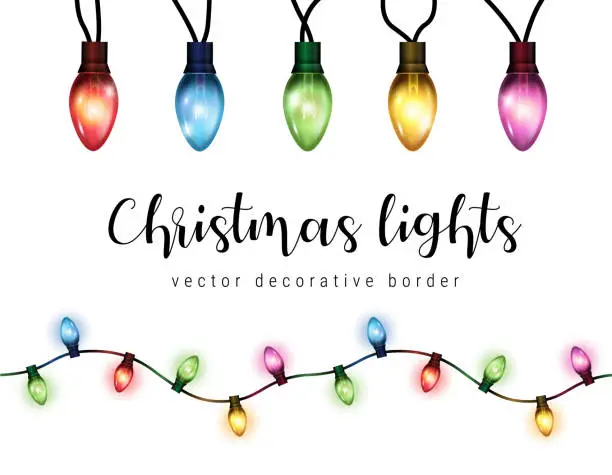 Vector illustration of Vector realistic glowing colorful christmas lights in seamless pattern and individual hanging light bulbs isolated on white background