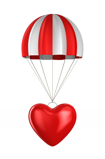 heart and parachute on white background. Isolated 3D illustration