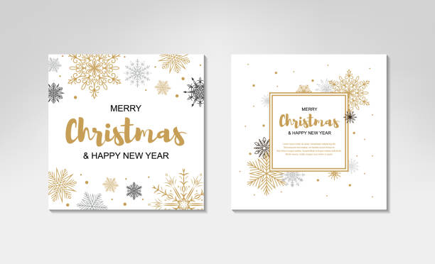 zwei seiten frohe weihnachten und neujahr grußkarte mit schönen weihnachtsbaum und goldenen schneeflocken auf weißem hintergrund. rahmen mit platz für text - christmas card stock-grafiken, -clipart, -cartoons und -symbole