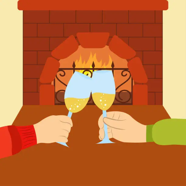 Vector illustration of Two hands are holding glasses of champagne, clink glasses. A romantic evening of two lovers by the fireplace.