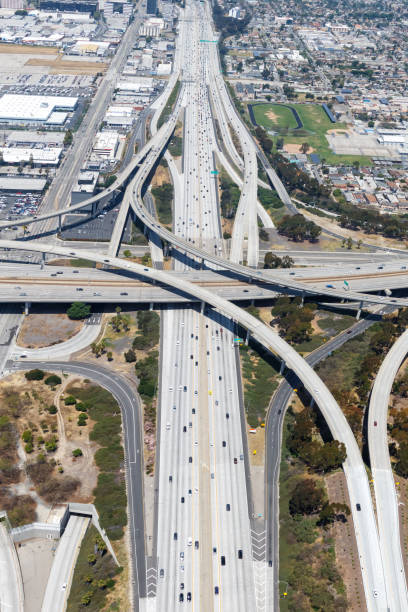 Century San Diego Freeway interchange intersection junction Highway Los Angeles roads traffic America city aerial view photo Century San Diego Freeway interchange intersection junction Highway Los Angeles roads traffic America city aerial top view photo highway 405 photos stock pictures, royalty-free photos & images